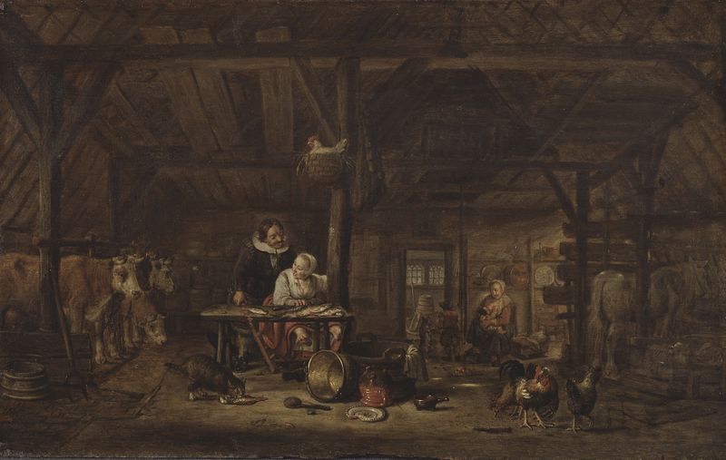 Interior of a stable with wooden beams, oil on canvas by Govert Dircksz Camphuysen