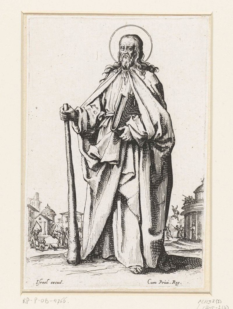 Gravura de Jacques Callot mostrando São Tiago com halo e trajes intrincados.
