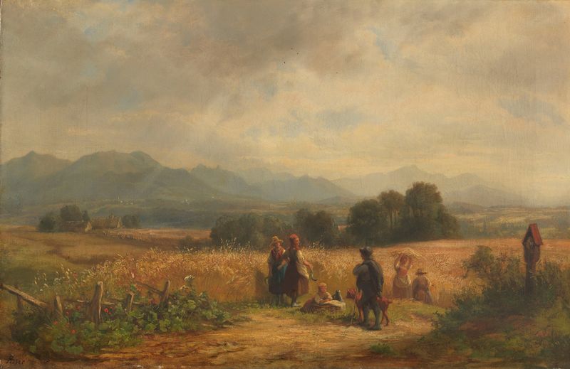 Landscape of sun-drenched fields in oil on canvas by Adolf Heinrich Lier