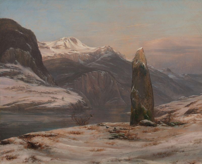 Paisagem de inverno no Sognefjord por Johan Christian Dahl, pintura a óleo
