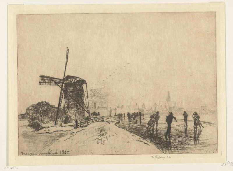 Gravura paisagística de Johan Barthold Jongkind mostrando o crepúsculo sobre a água