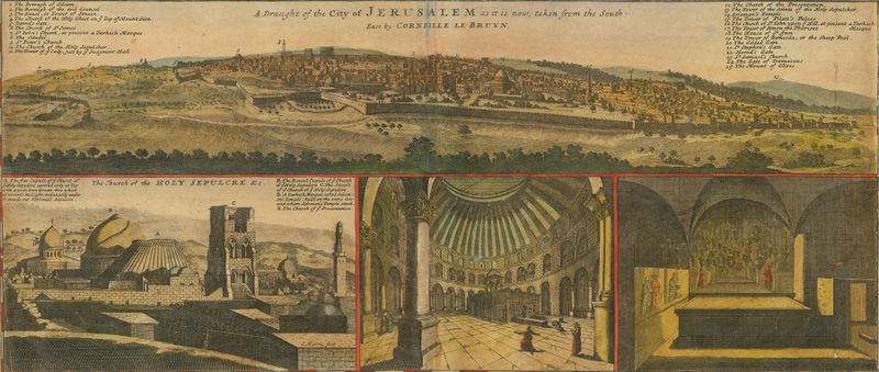 Gravura de Jerusalém por Herman Moll, apresentando arquitetura antiga sob um céu tranquilo.