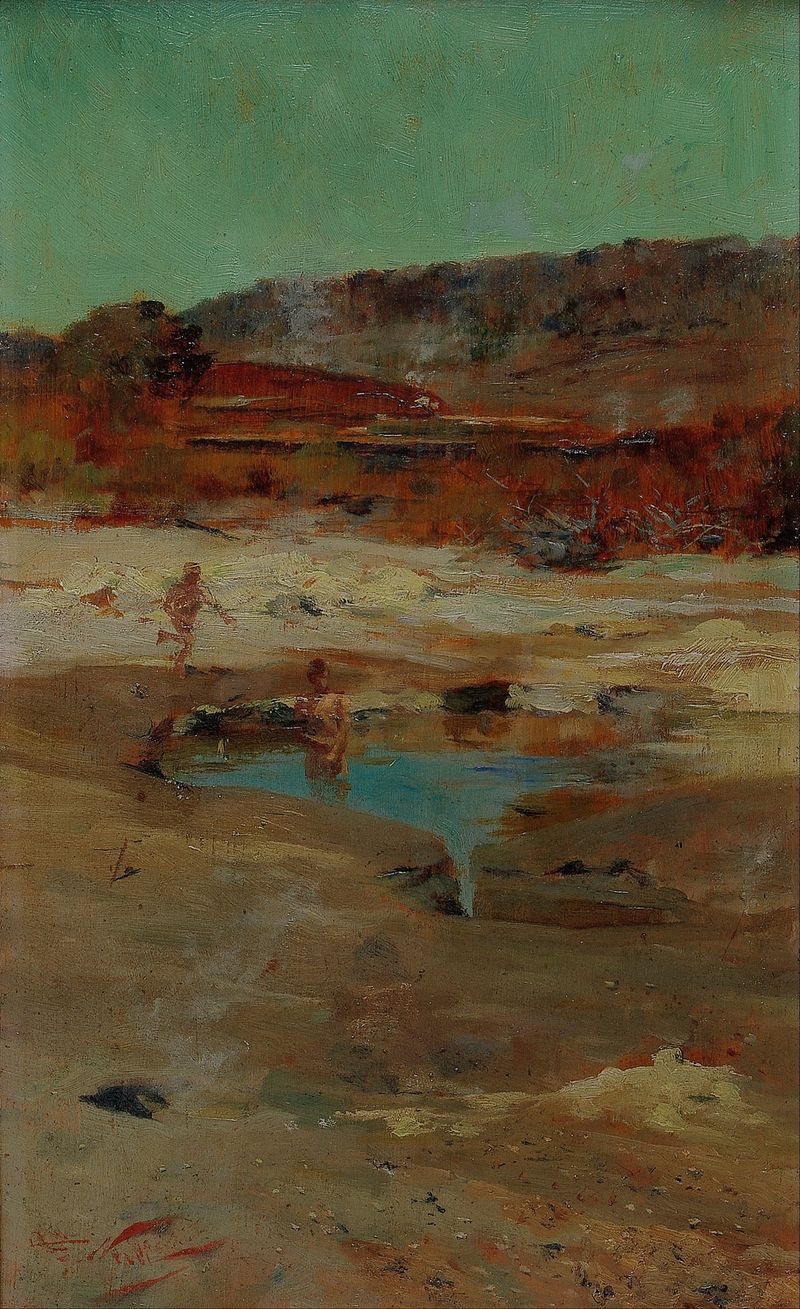Pintura a óleo de Girolamo Nerli mostrando figuras à beira de um lago tranquilo cercado de vegetação.
