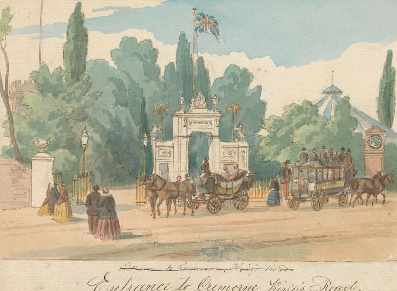 Entrance to Cremorne, oil painting by William Henry Brooke, featuring lush foliage and dappled sunlight.