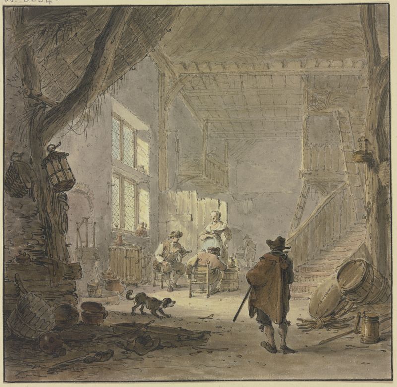 Interior scene with two men and a woman by a window, oil painting by Hendrik Meyer