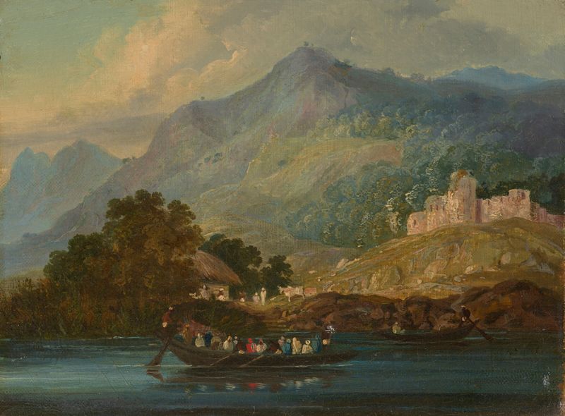 Hilly landscape with figures in a boat on the river Ganges, watercolor on paper by Sir Charles D'Oyly.