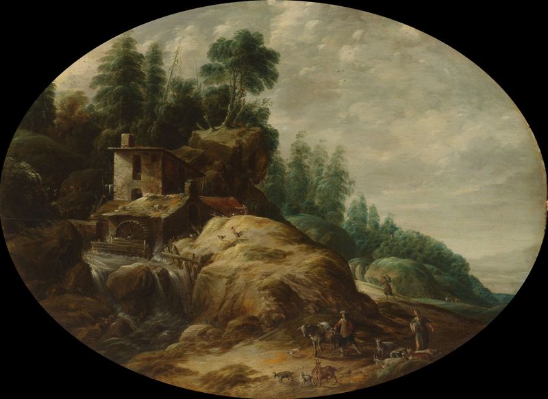Watermill de Gillis Peeters the Elder, óleo sobre tela, representando uma paisagem serena com um moinho de água.