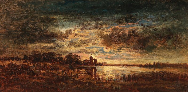 Paisaje en luz de luna de Anton Waldhauser, óleo sobre lienzo que representa reflexiones del crepúsculo.