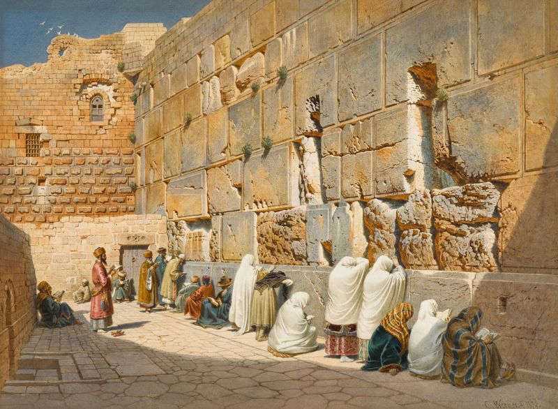 The Wailing Wall, Jerusalem by Carl Friedrich Heinrich Werner, oil painting depicting ancient stones and light.