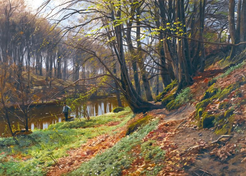 Spring Landscape At Søby, oil on canvas by Peder Mørk Mønsted, featuring vibrant wildflowers and spring light.