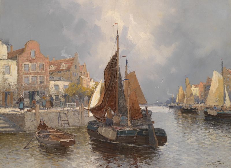 Holländische Hafenansicht by Georg Fischhof, oil on canvas depicting a harbor scene with boats and clouds.