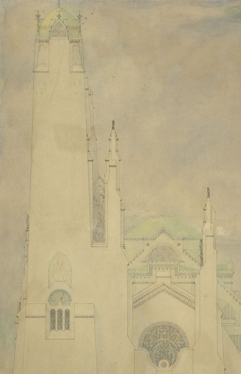 Diseño en tinta sobre papel de una iglesia por Marius Bauer