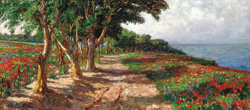 Paisagem com olmos e luz do sol em um caminho de paralelepípedos de Olga Wisinger-Florian