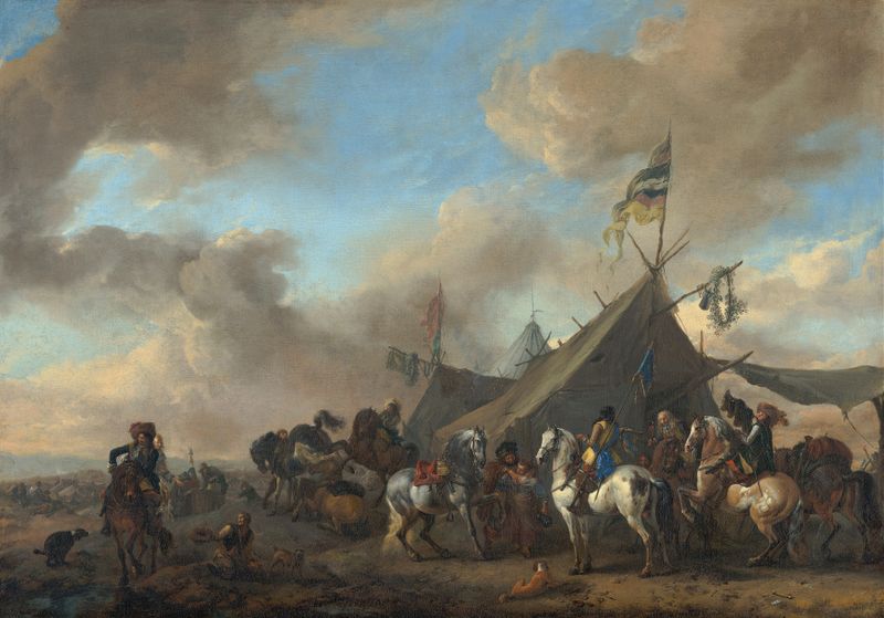 Army Camp de Philips Wouwerman, pintura al óleo que muestra soldados y tiendas en un paisaje.