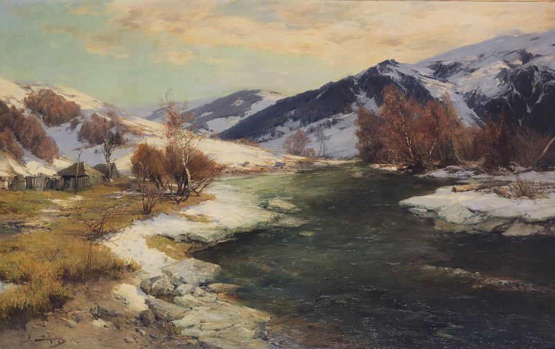 Paisaje de nieve derritiéndose en el valle de Engadin, óleo sobre lienzo de Jacques Matthias Schenker