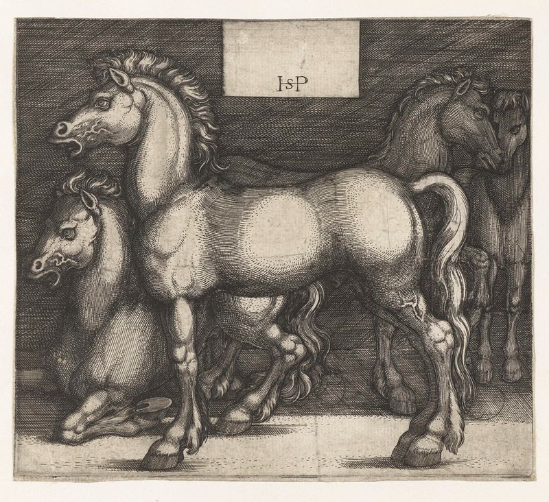 Grabado de Hans Sebald Beham que representa cuatro caballos en tranquila elegancia