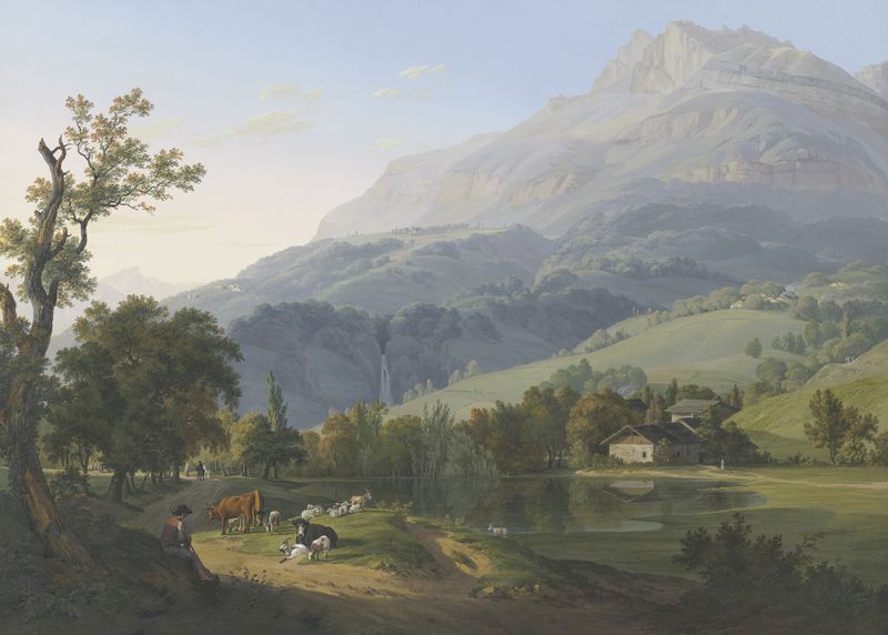 Paisaje que representa Aiguille de Varens, río y pueblo de Jean-Antoine Linck