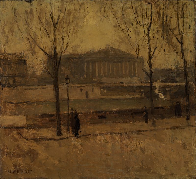 Escena interior con figuras y arcos, pintura al óleo de Frank Edwin Scott