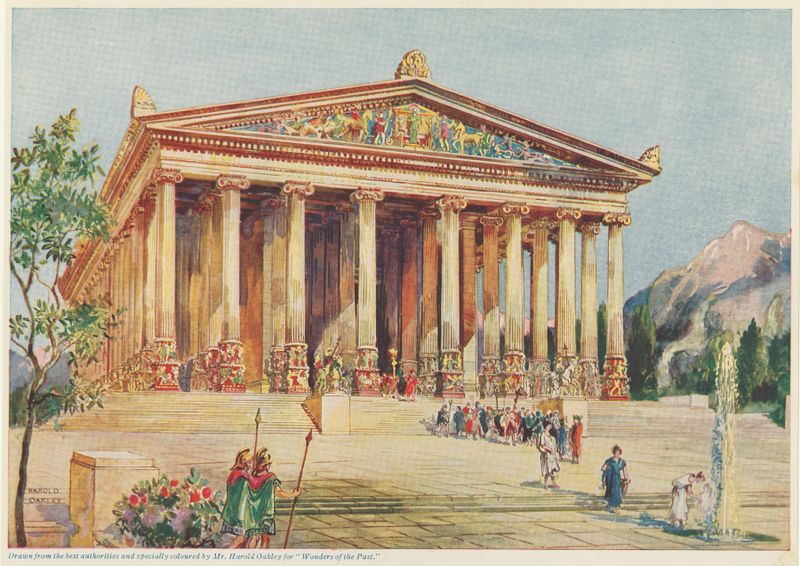 Neoclassicism oil painting by Harold Oakley depicting the Ionic façade of a temple