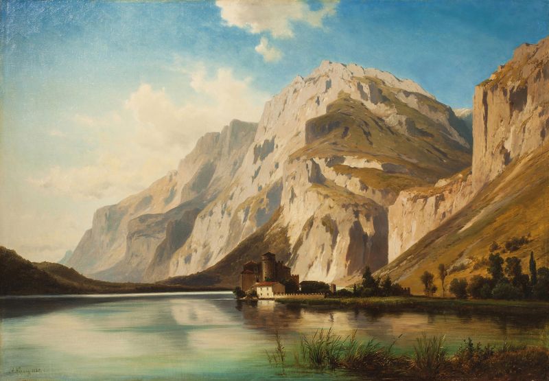 Landscape oil painting by Alois Kirnig depicting Toblino Castle reflected in a lake