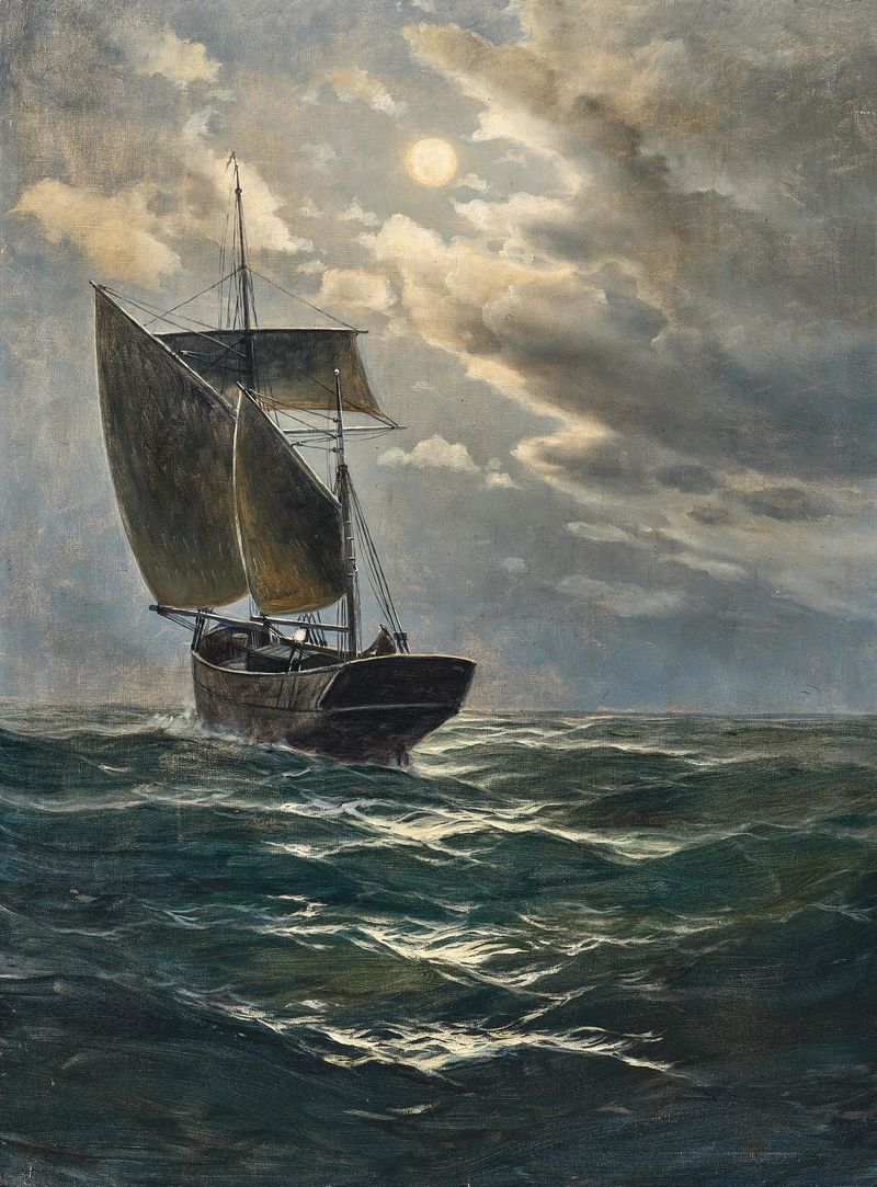 Fishermen in the moonlight by Max Jensen, oil painting