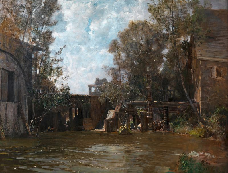 Oil painting by Emil Jakob Schindler depicting a mill by a river with reflections