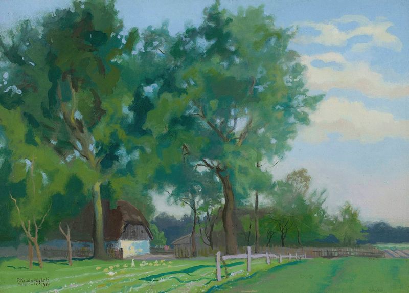 Countryside landscape by Piotr Hipolit Krasnodębski, oil on canvas depicting green fields and horizon.
