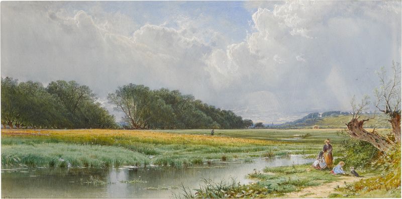 Oil on canvas by Alfred Thompson Bricher depicting a serene meadow with a brook.