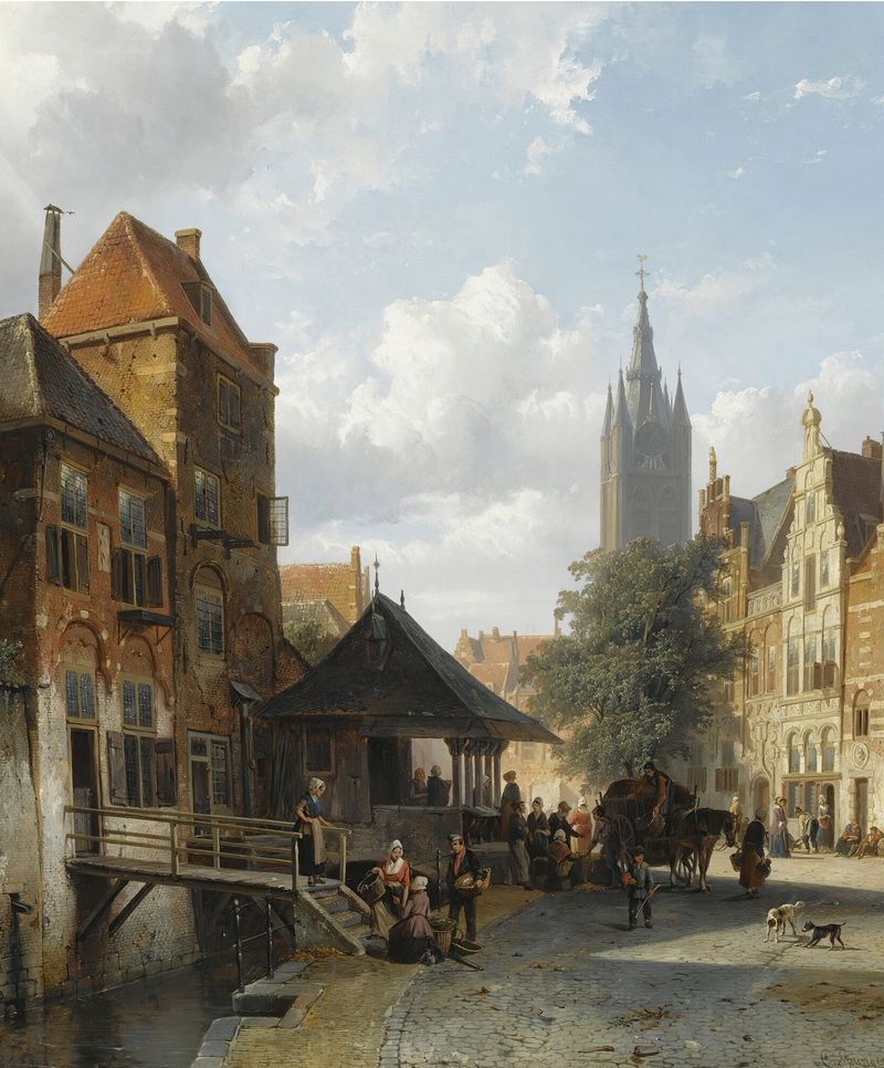 Figures At The Fish Market In Delft, óleo sobre tela de Cornelis Springer