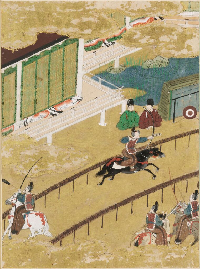 Ukiyo-e de Tosa Mitsunobu retratando vaga-lumes entre a folhagem escura, meio de ouro