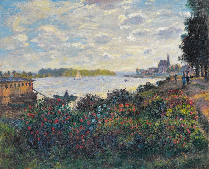 La Seine À Argenteuil de Claude Monet, óleo sobre lienzo que representa una escena de río tranquila.