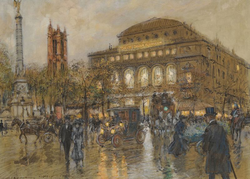 Impressionist artwork by Georges Stein featuring Théâtre Du Châtelet and Tour St. Jacques, Paris