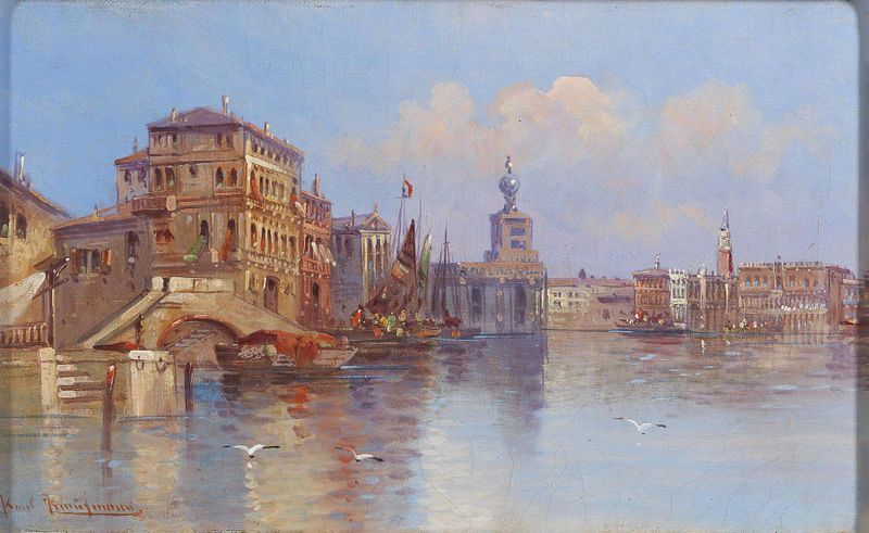 Venetian Scene by Karl Kaufmann, oil on canvas depicting a serene canal at dawn