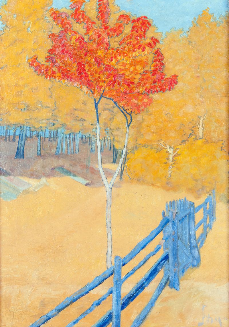 Höstlandskap by John Sten, oil on canvas, depicting autumn foliage and a tranquil lake