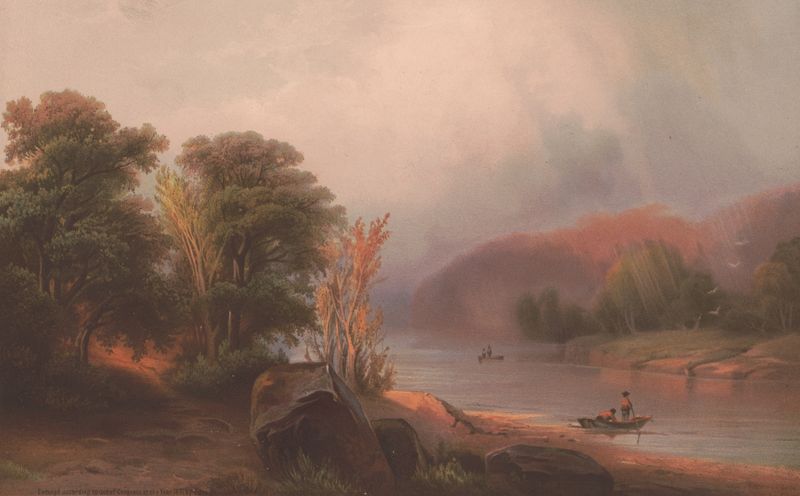 View on the Delaware Water Gap, oil on canvas by Edmund Foerster & Co., depicting a river and mountains.