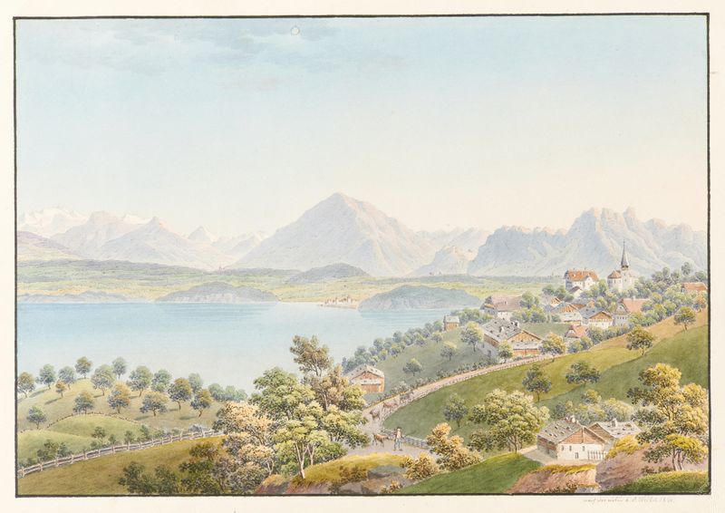 Watercolour by Jakob Samuel Weibel depicting Lake Thun and rolling hills.
