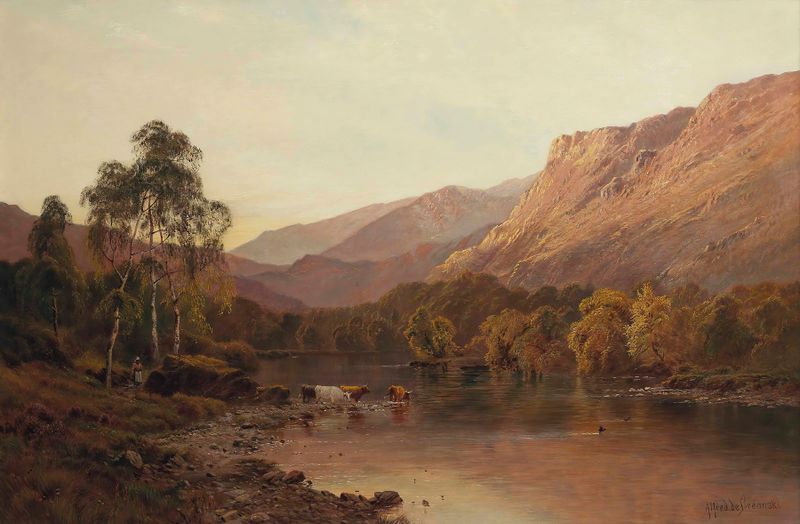 The Valley of Borrowdale by Alfred de Bréanski, oil on canvas depicting hills and water