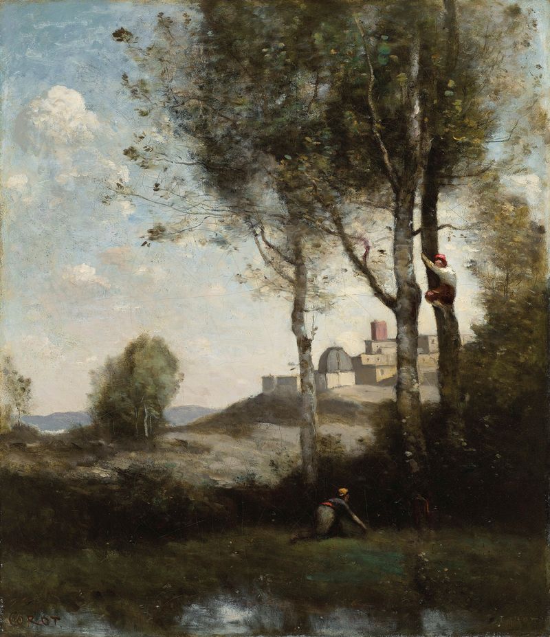 Paisagem com figuras em um cenário toscano de Jean-Baptiste-Camille Corot, pintura a óleo