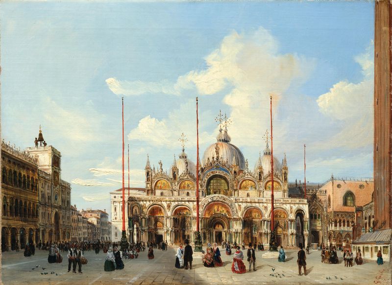 A View of the St Mark’s Square de Giovanni Grubas, óleo que muestra figuras bulliciosas y arquitectura.