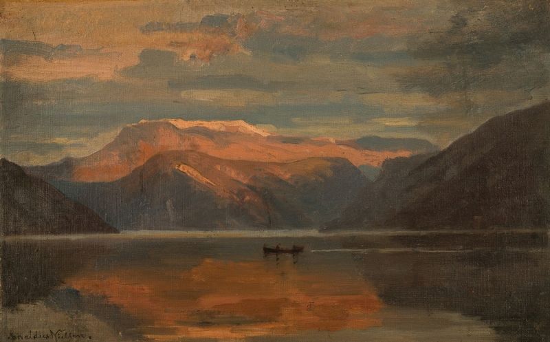 Paisagem de fiorde com montanhas e nuvens, pintura a óleo de Amaldus Nielsen
