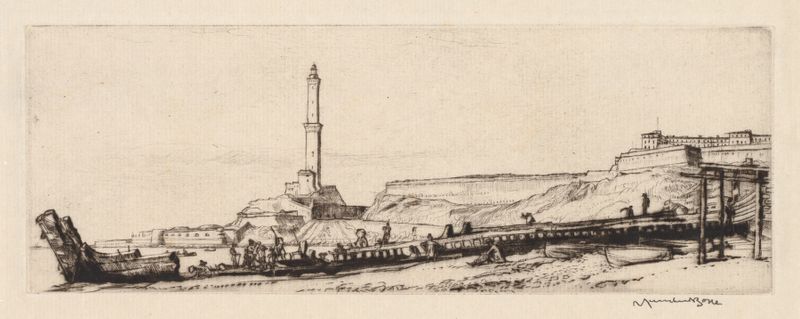 Etching by Muirhead Bone depicting a lighthouse in fog, titled The Langterna, Genoa