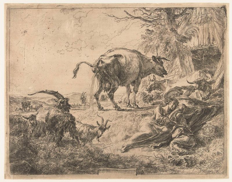 Etching by Nicolaes Pietersz Berchem depicting a shepherd family and cattle resting.
