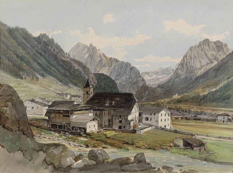 Bergdorf mit einer Kleinindustrieanlage de Thomas Ender, óleo sobre lienzo que representa un paisaje sereno con industria.