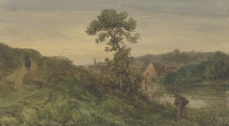 Paisagem com um rio e um caminho, pintura a óleo de Peter Burnitz