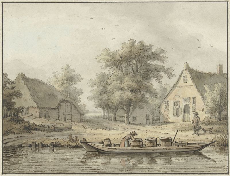 Landscape with a moored vessel and barrels, oil on canvas by Cornelis Buys