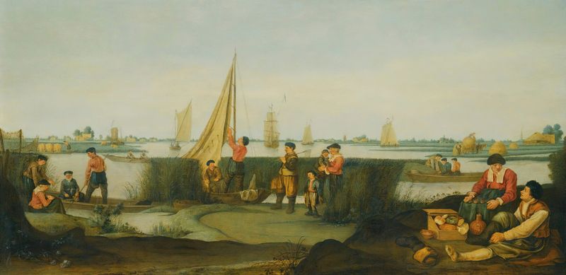 Fishermen on the banks of a river estuary, oil painting by Arent Arentsz. Cabel