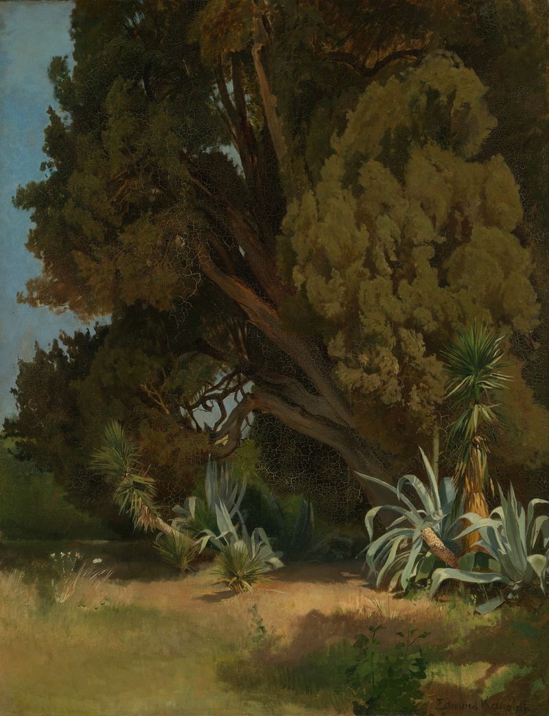 Landscape depicting a tree and sky in oil painting by Edmund Kanoldt