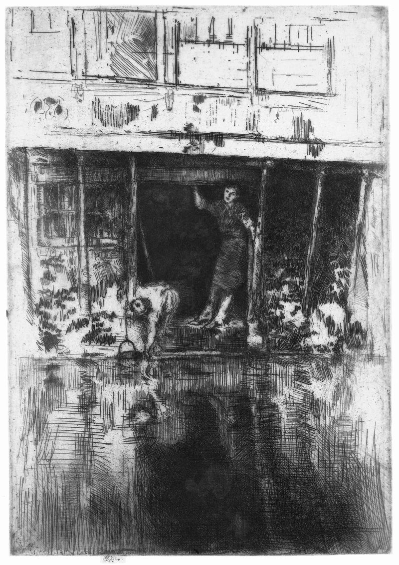 Grabado de James Abbott McNeill Whistler que representa una casa junto al canal con reflejos