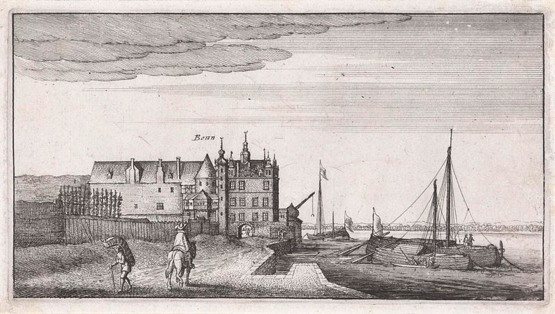 Gravura de Wenceslaus Hollar mostrando um rio e uma aldeia ao amanhecer
