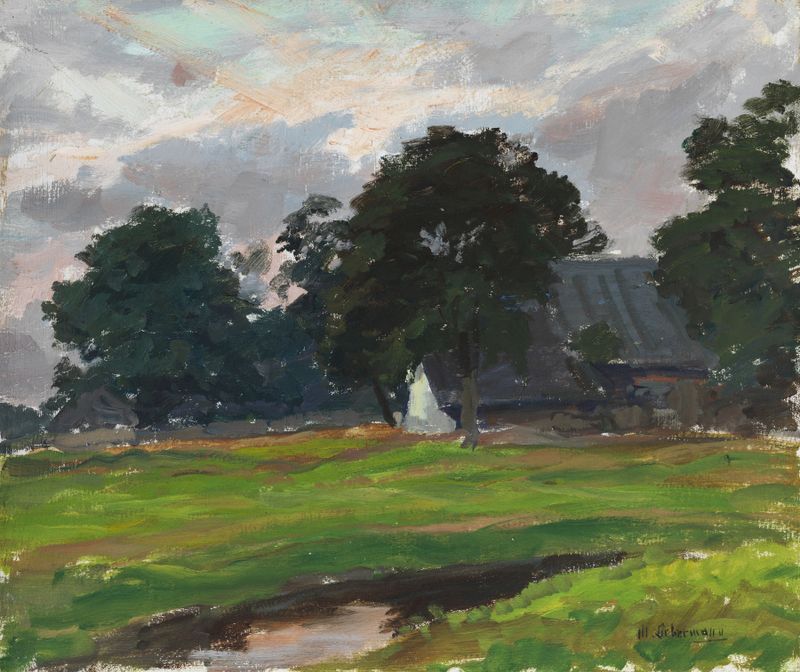 Holländisches Bauernhaus de Max Liebermann, óleo sobre tela retratando uma casa rural cercada por campos